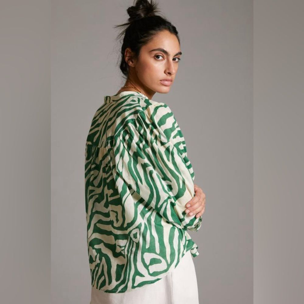 Anthropologie Green and White Zebra Print Blouse - Picture 2 of 4